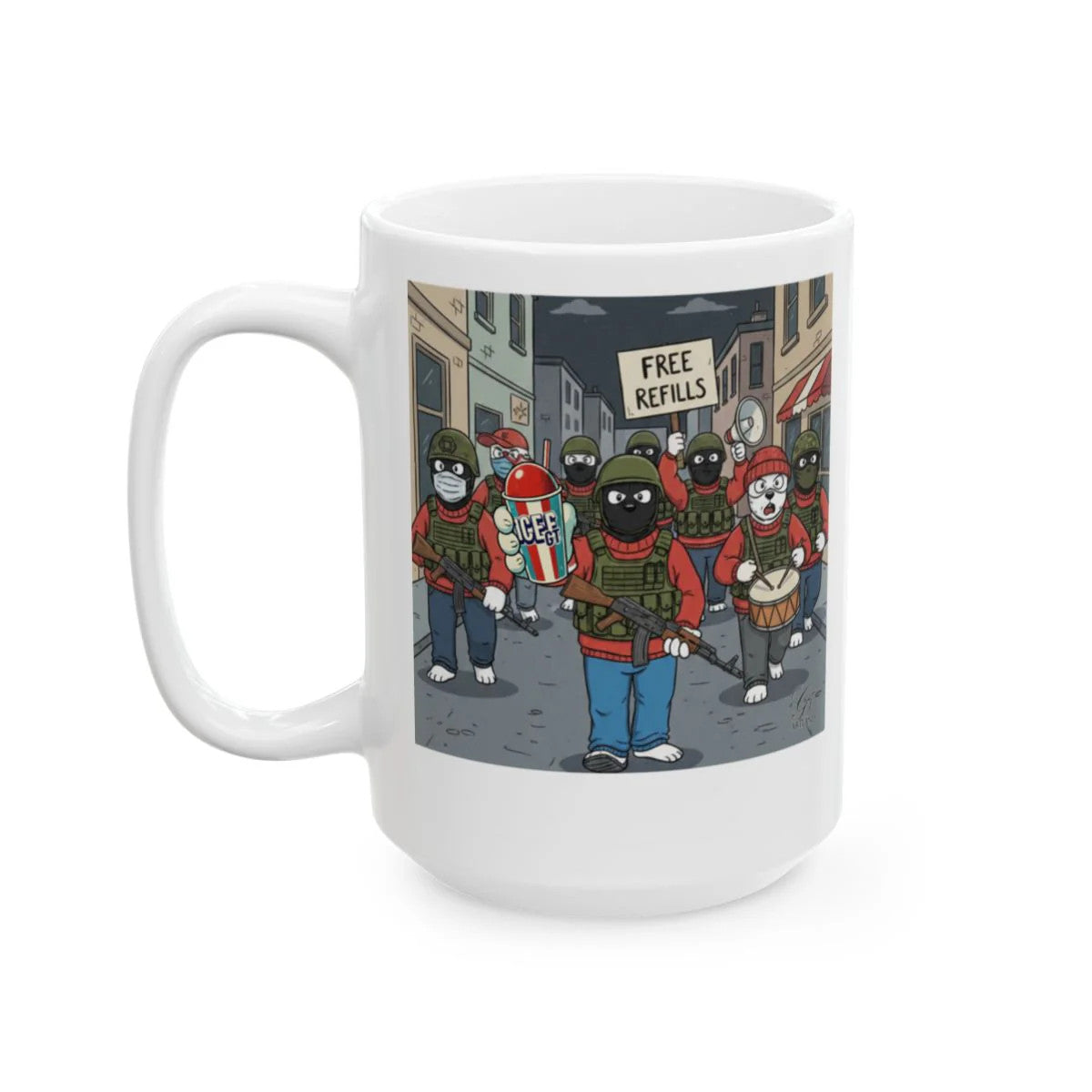 ICE Protest Free Refills Ceramic Mug, (11oz, 15oz) by GT Artland