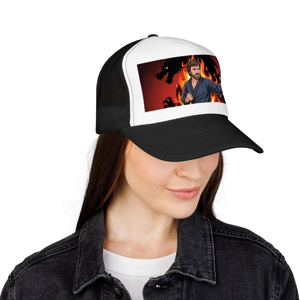 Martial Artist Chuck Norris Flames Foam Trucker Hat | Dragon Silhouette Panel