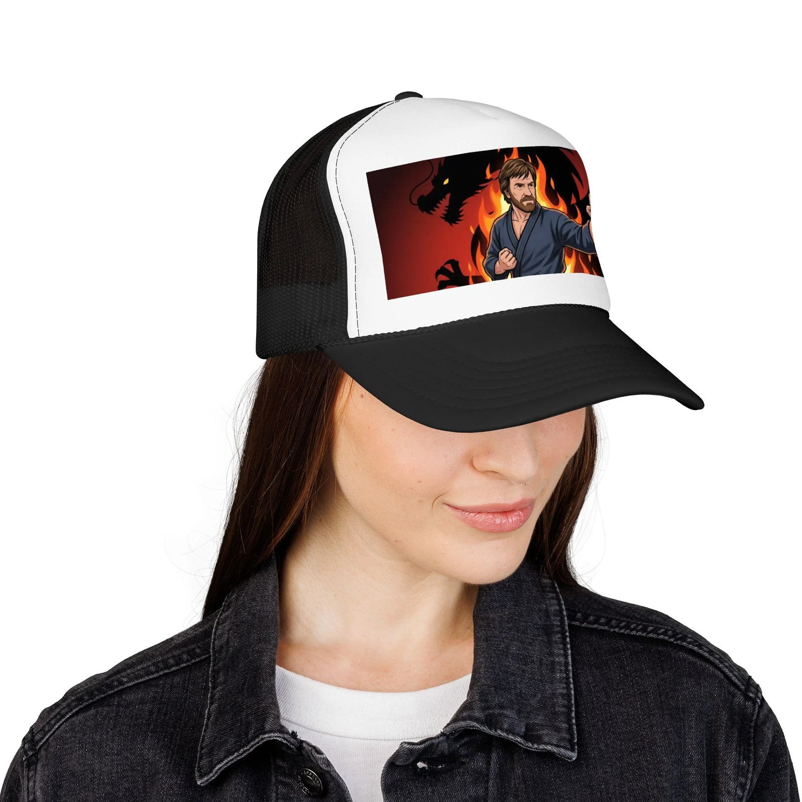Martial Artist Chuck Norris Flames Foam Trucker Hat | Dragon Silhouette Panel