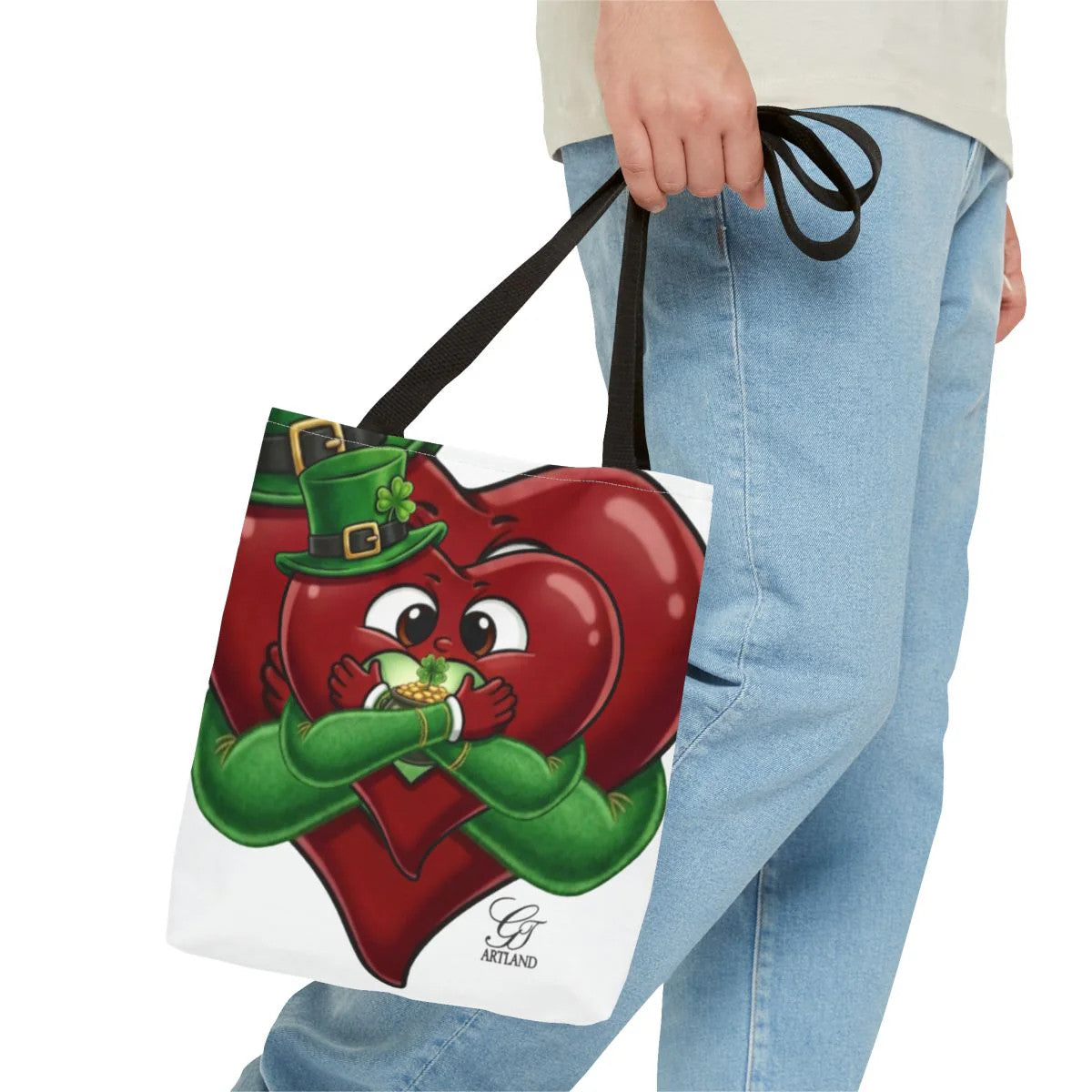 Shamrock Leprechaun Cute Heart Holding Pot of Gold Tote Bag by GT Artland