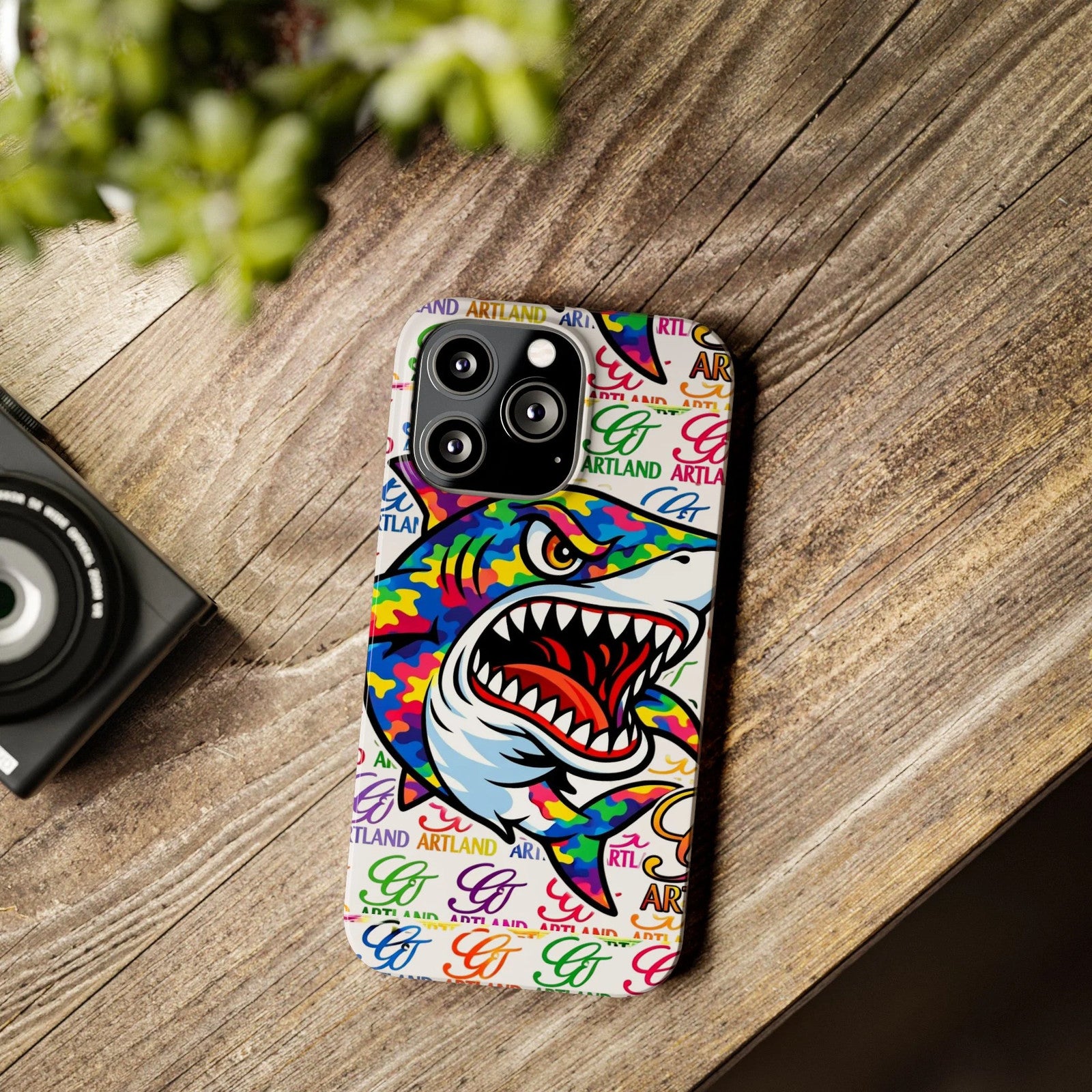 Colorful Camo Designer Shark GT Slim Phone Case | Vibrant Graphic, Artland Logo