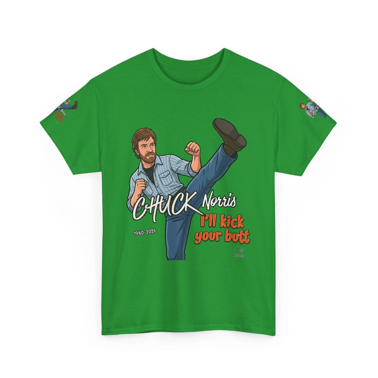 Chuck Norris kick illustration T-Shirt | I'll kick your butt slogan designer by