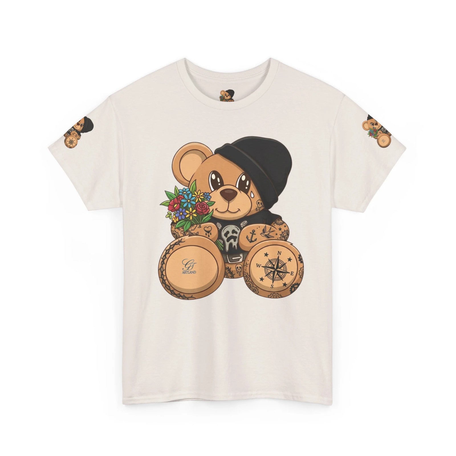 Teddy Bear with Beanie and Compass Tee | Floral Bouquet Graphic by GT Artland