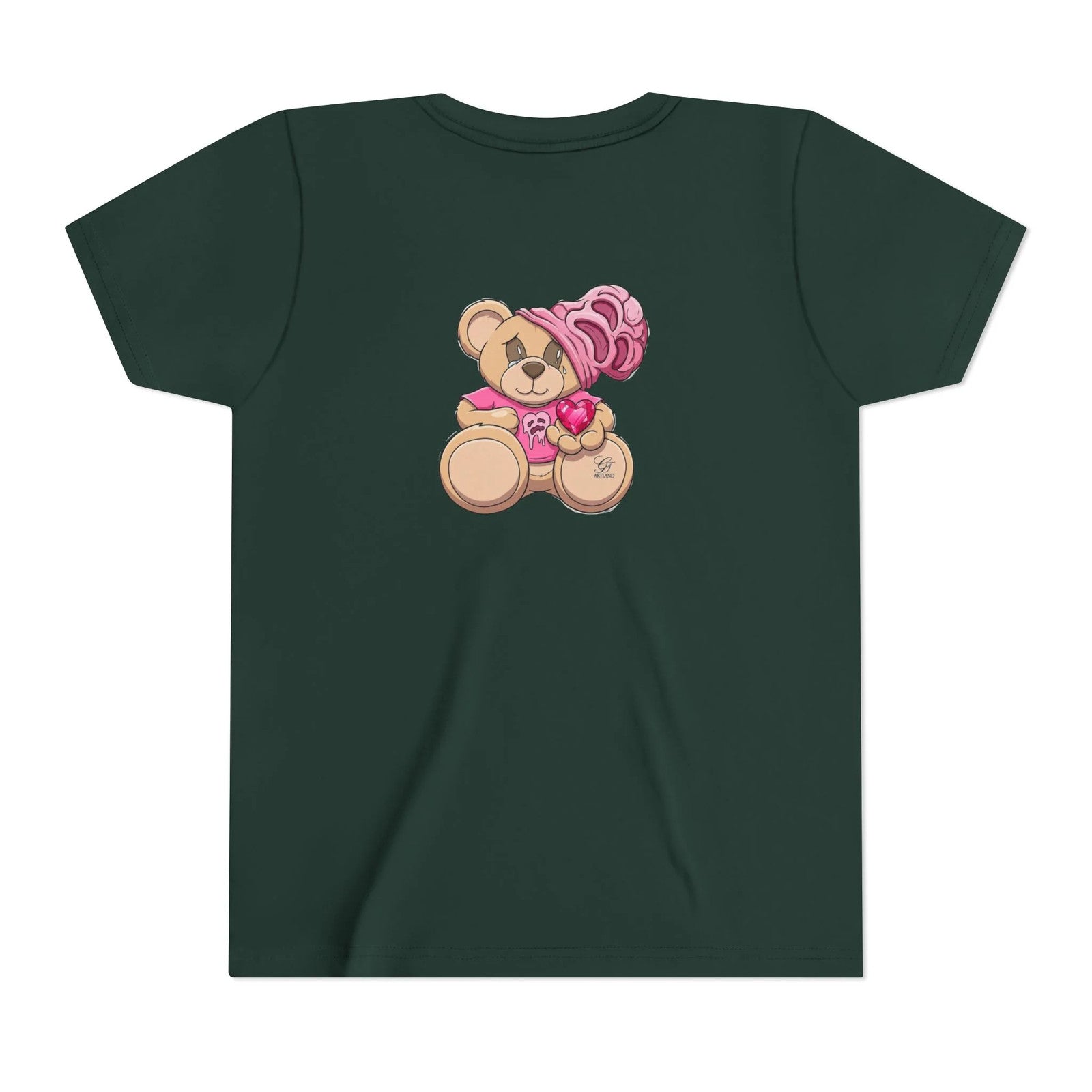Pink Teddy Bear Holding Heart Youth Tee | Cute Bear Graphic by GT Artland