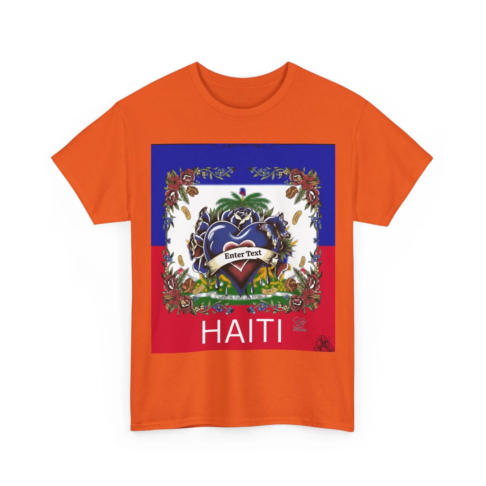 Haiti Flag Love Hearts and Roses Designer Unisex Heavy Cotton Tee by GT Artland