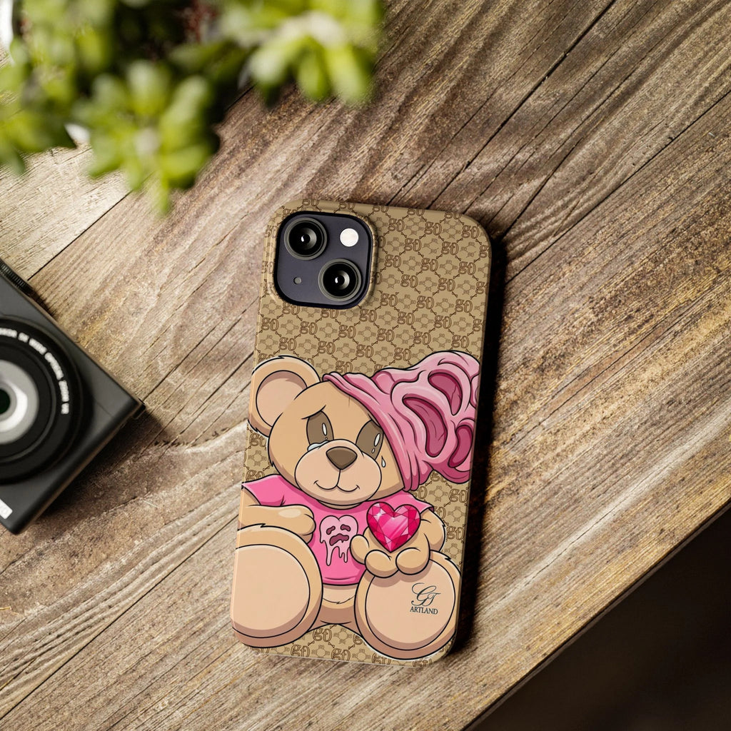 Pink Heart Teddy Bear Slim Phone Case | Designer Monogram Background by GT