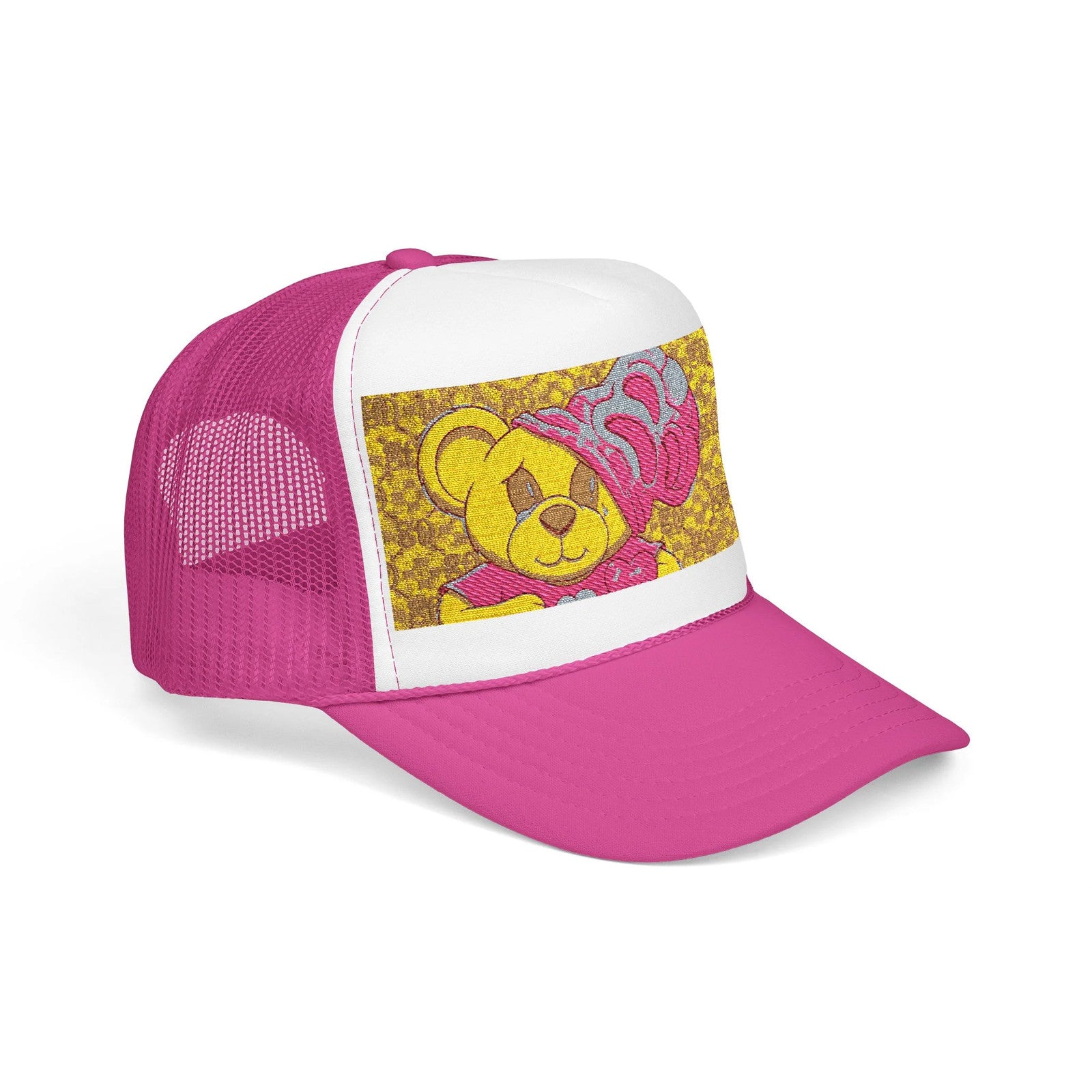 Yellow Teddy with Pink Beanie Trucker Hat | Sparkle Sequin Patch by GT Artland