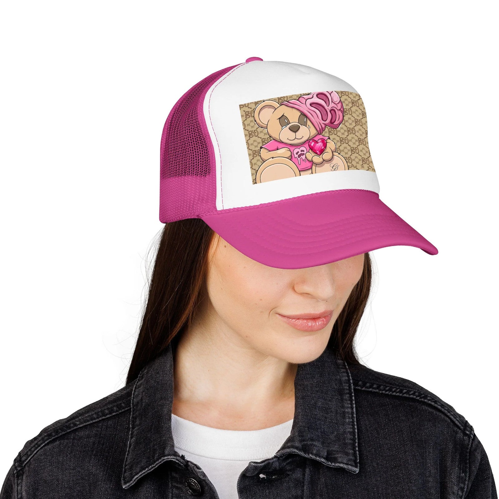 Pink Teddy Bear Heart Foam Trucker Hat | Cute Bear Patch by GT Artland