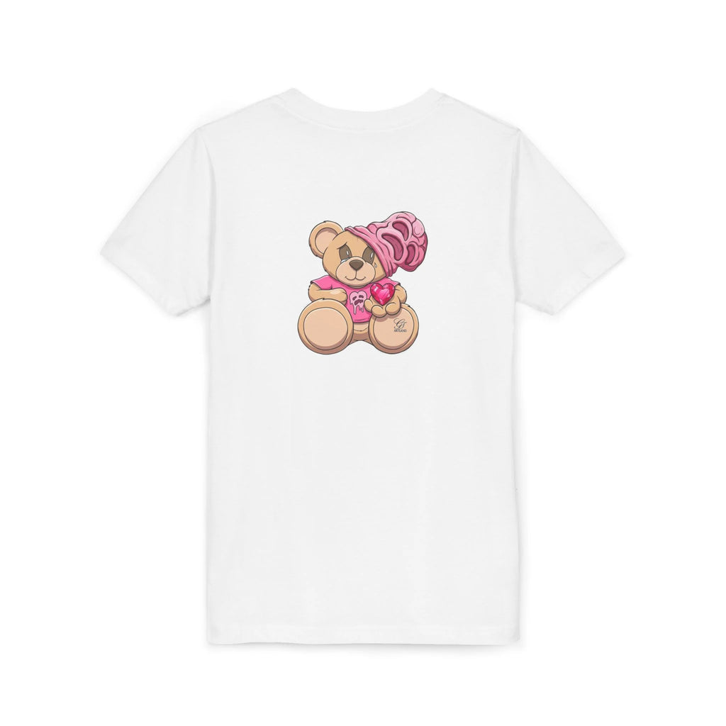 Pink Teddy Bear Holding Heart Youth Tee | Cute Bear Graphic by GT Artland