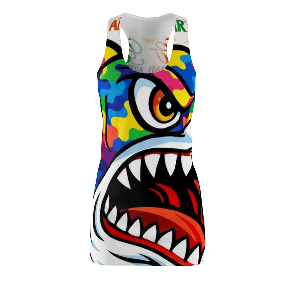 Colorful Camo Designer Killa Shark Graphic Racerback Dress | All-Over Print by
