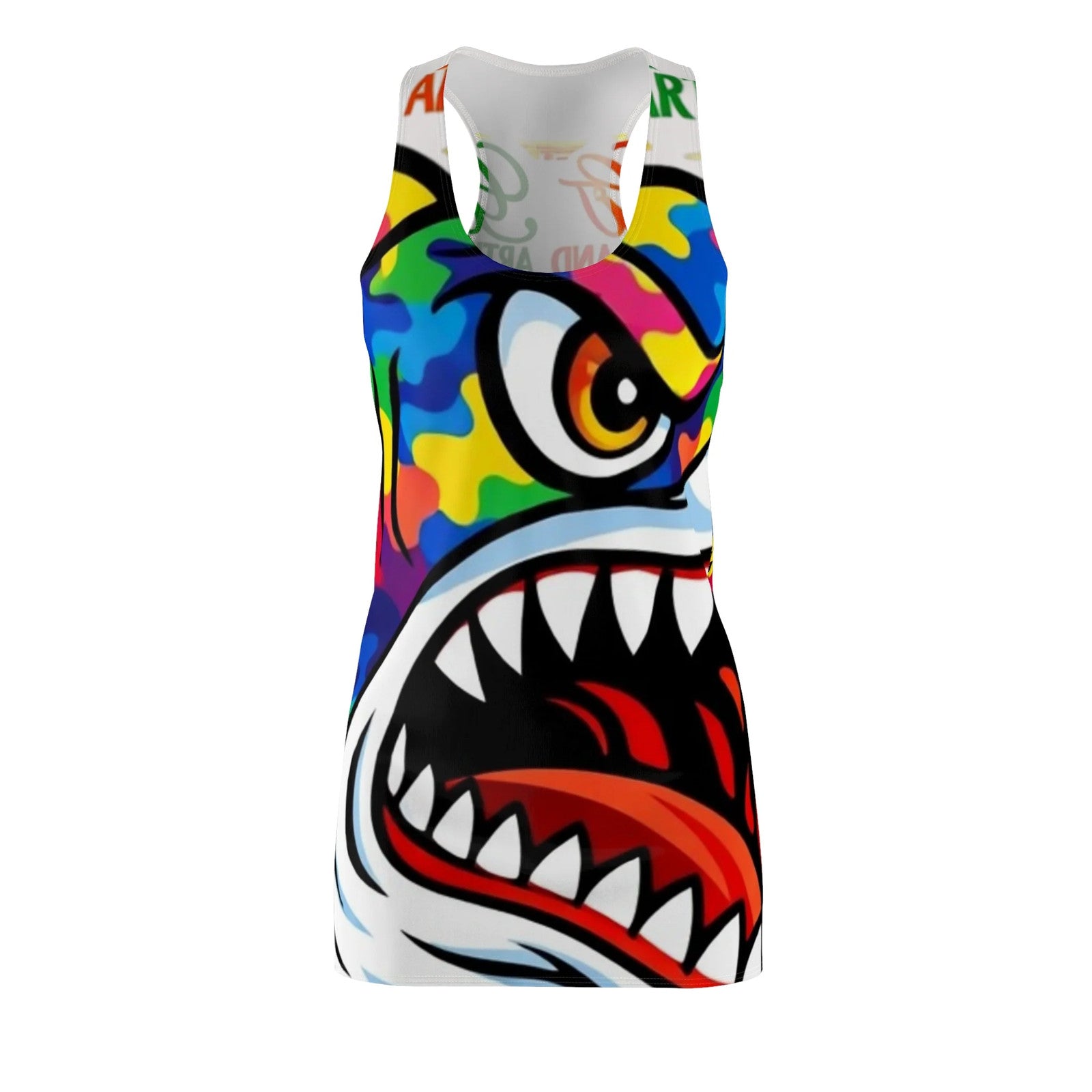 Colorful Camo Designer Killa Shark Graphic Racerback Dress | All-Over Print by