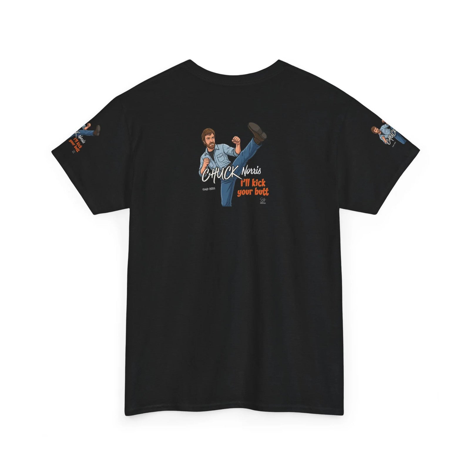 Chuck Norris kick illustration T-Shirt | I'll kick your butt slogan designer by
