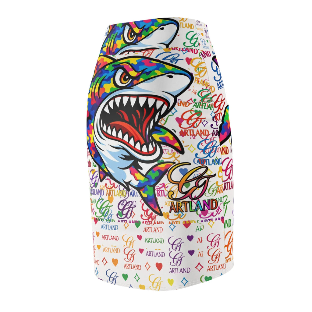 Colorful Designer Killa Shark Graphic Pencil Skirt | Rainbow Pop Art Pattern by