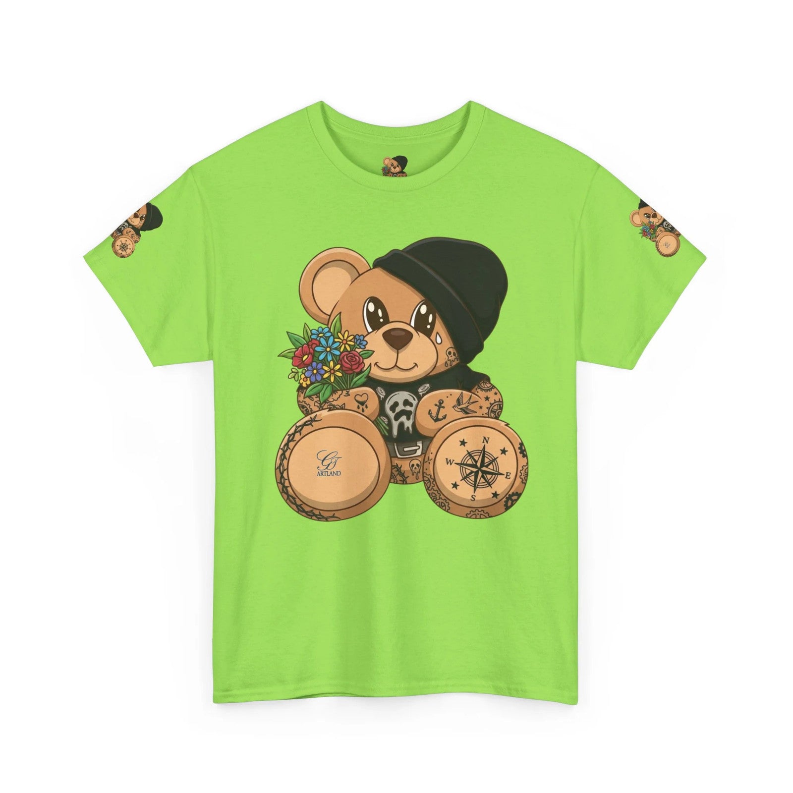 Teddy Bear with Beanie and Compass Tee | Floral Bouquet Graphic by GT Artland