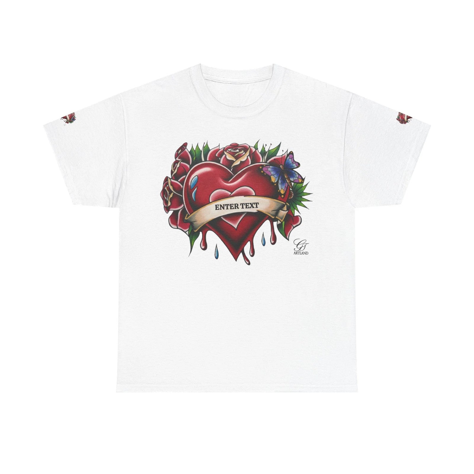 HEARTS AND ROSES Tattoo Styled Original T Shirt with Personalization by GT