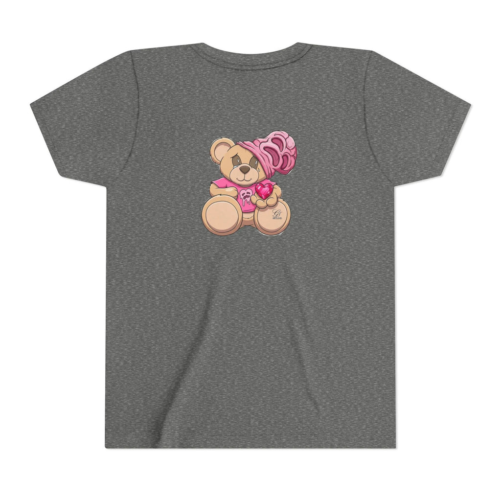 Pink Teddy Bear Holding Heart Youth Tee | Cute Bear Graphic by GT Artland