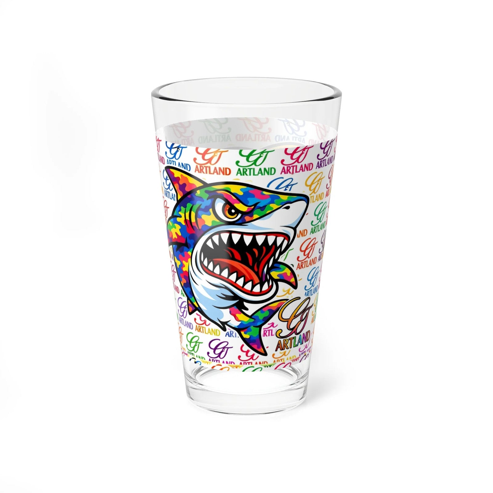 Colorful Shark Illustration Mixing Glass | 16oz Pint Glass, Rainbow Sea Life