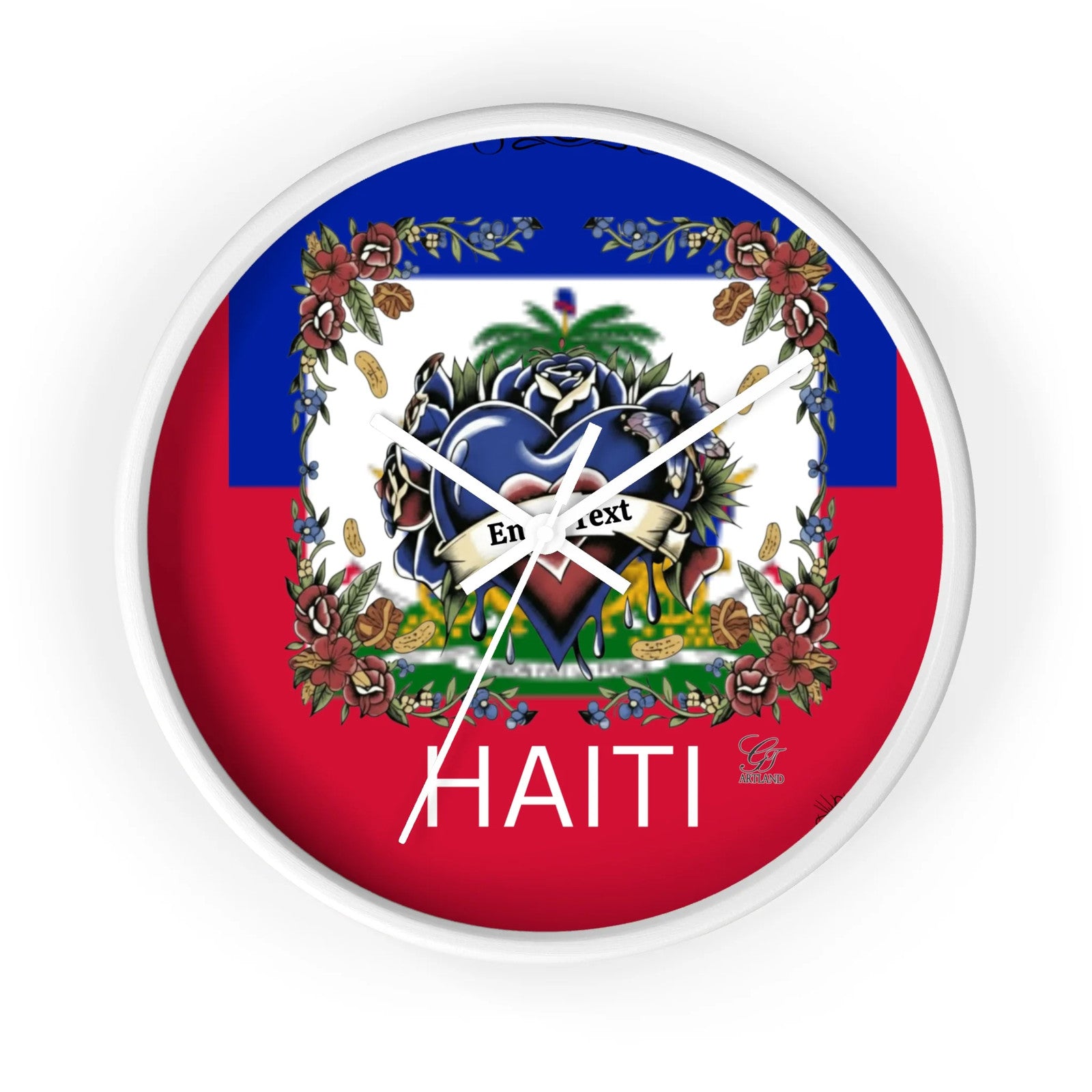 Haiti 🇭🇹 Flag Hearts and Roses customizable Wall Clock by GT Artland