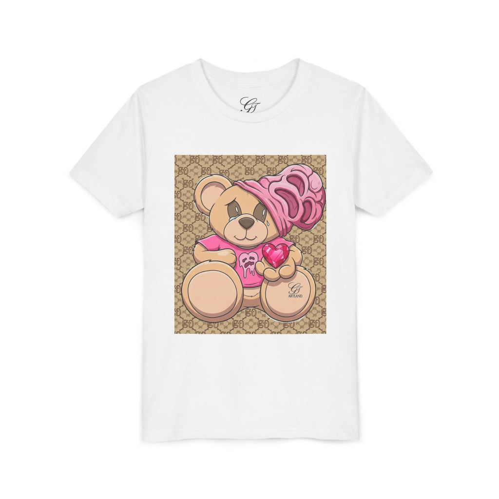 Pink Teddy Bear Holding Heart Youth Tee | Cute Bear Graphic by GT Artland