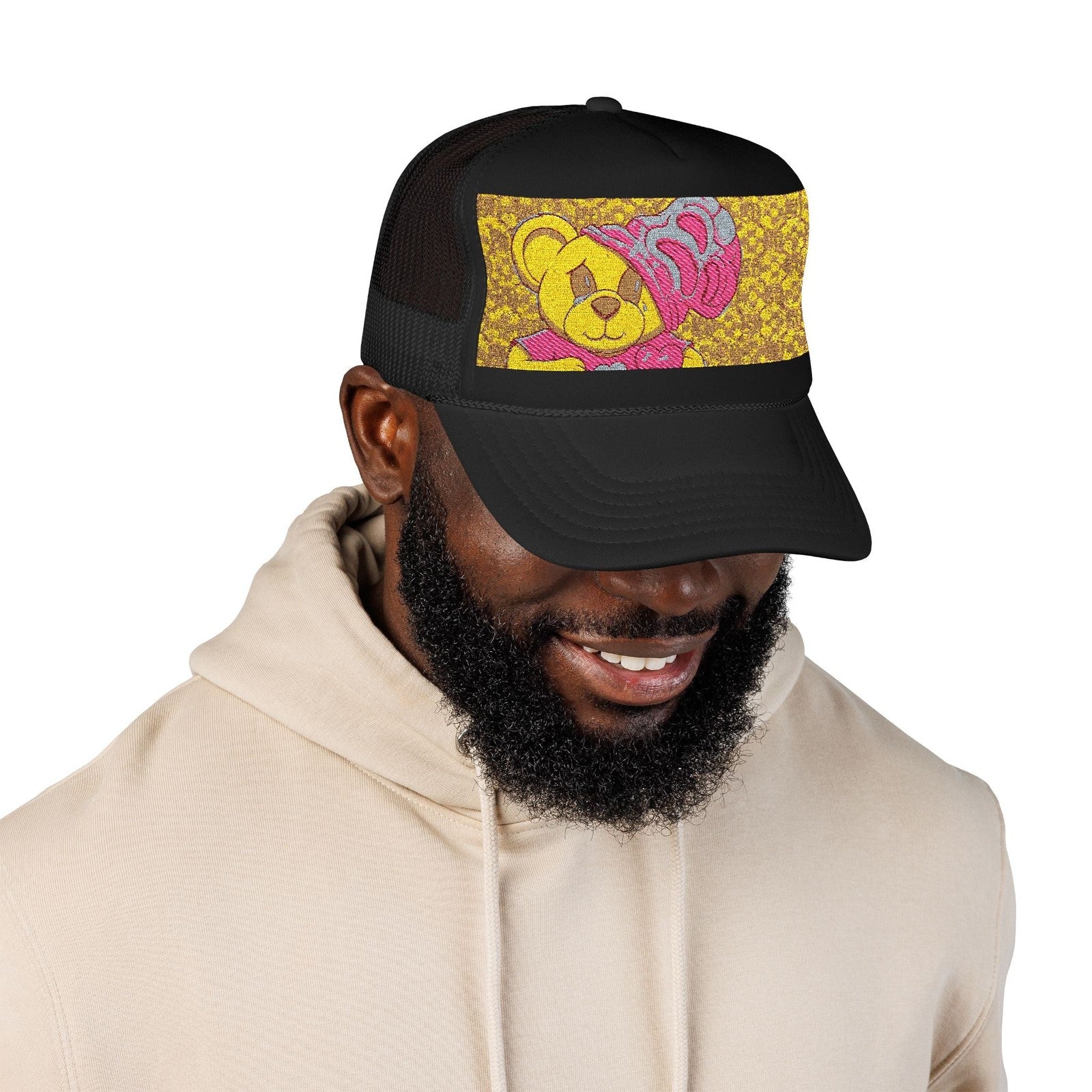 Yellow Teddy with Pink Beanie Trucker Hat | Sparkle Sequin Patch by GT Artland
