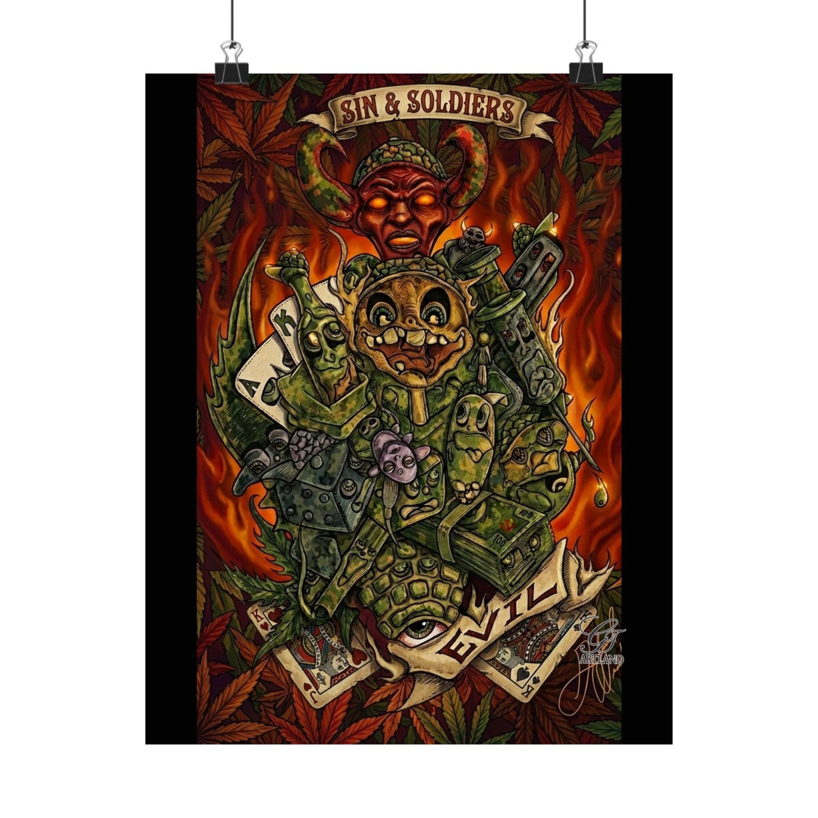 Sin & Soldiers poster | psychedelic horror artwork, flames & skulls vertical