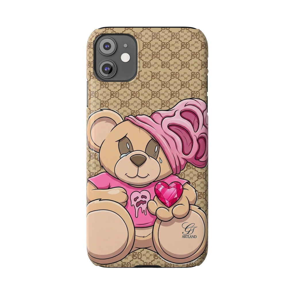 Pink Heart Teddy Bear Slim Phone Case | Designer Monogram Background by GT