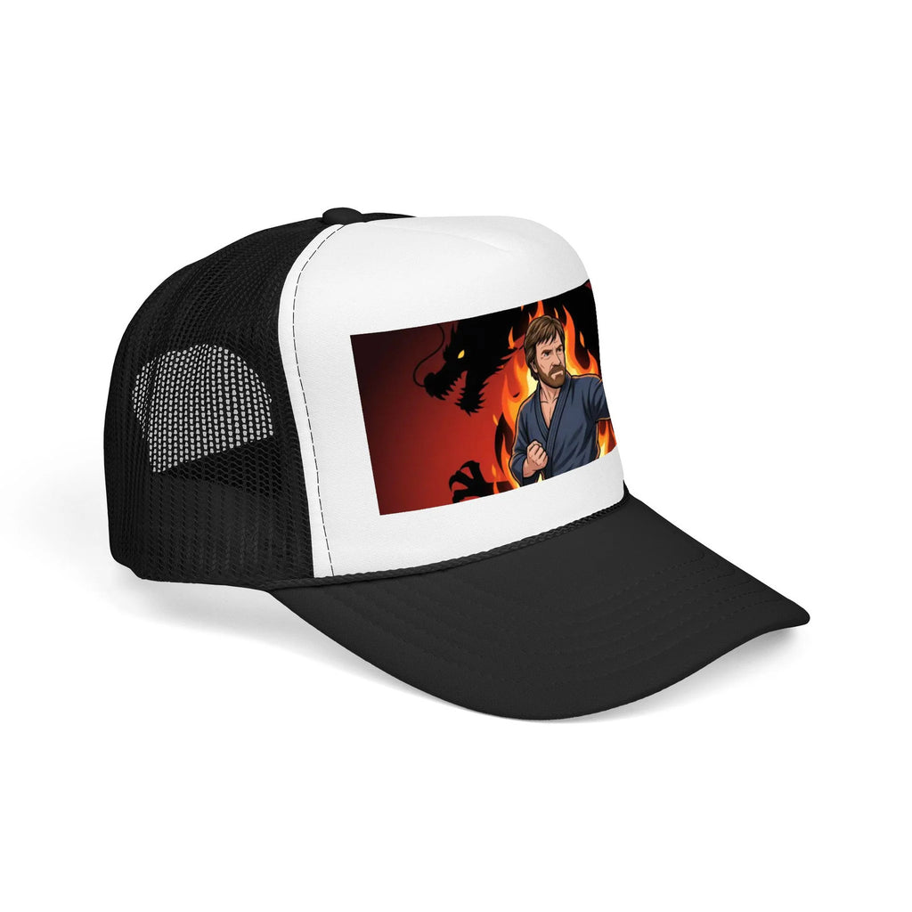 Martial Artist Chuck Norris Flames Foam Trucker Hat | Dragon Silhouette Panel