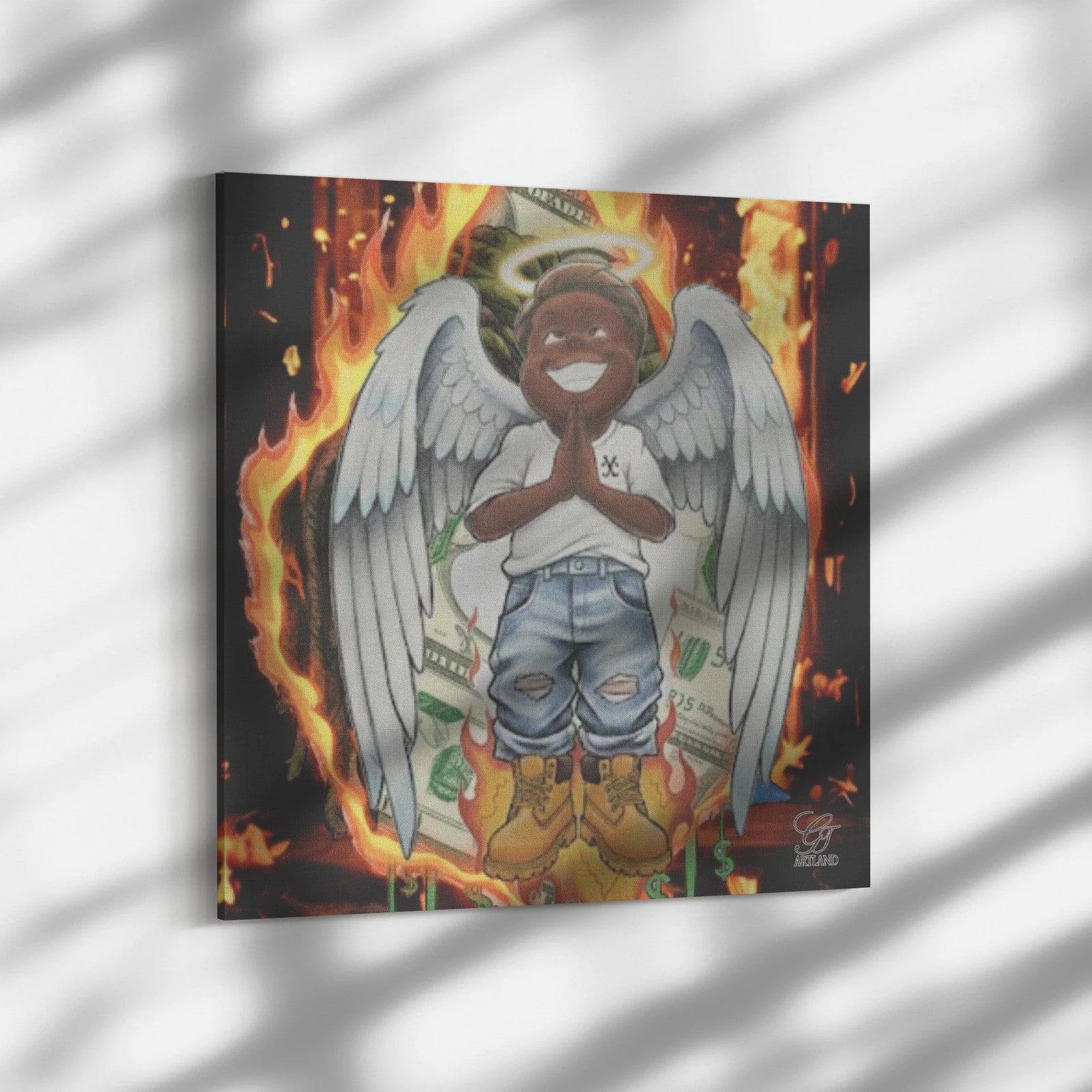 Ebony Boy With Construction Boots Praying Fire Square Canvas Wrap by GT Artland