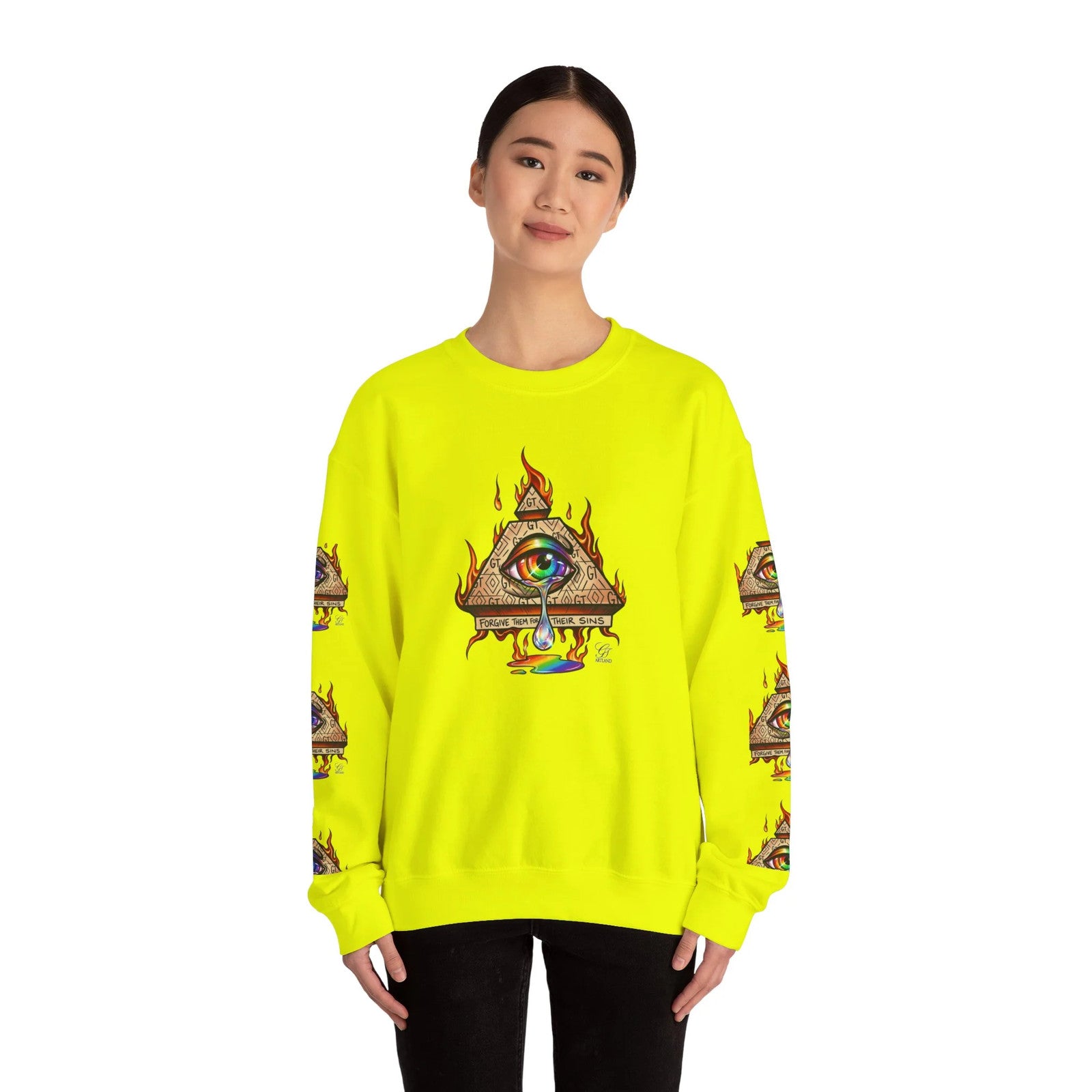 Psychedelic All-Seeing Eye Sweatshirt | Triangle Eye Flame Rainbow Drip by GT