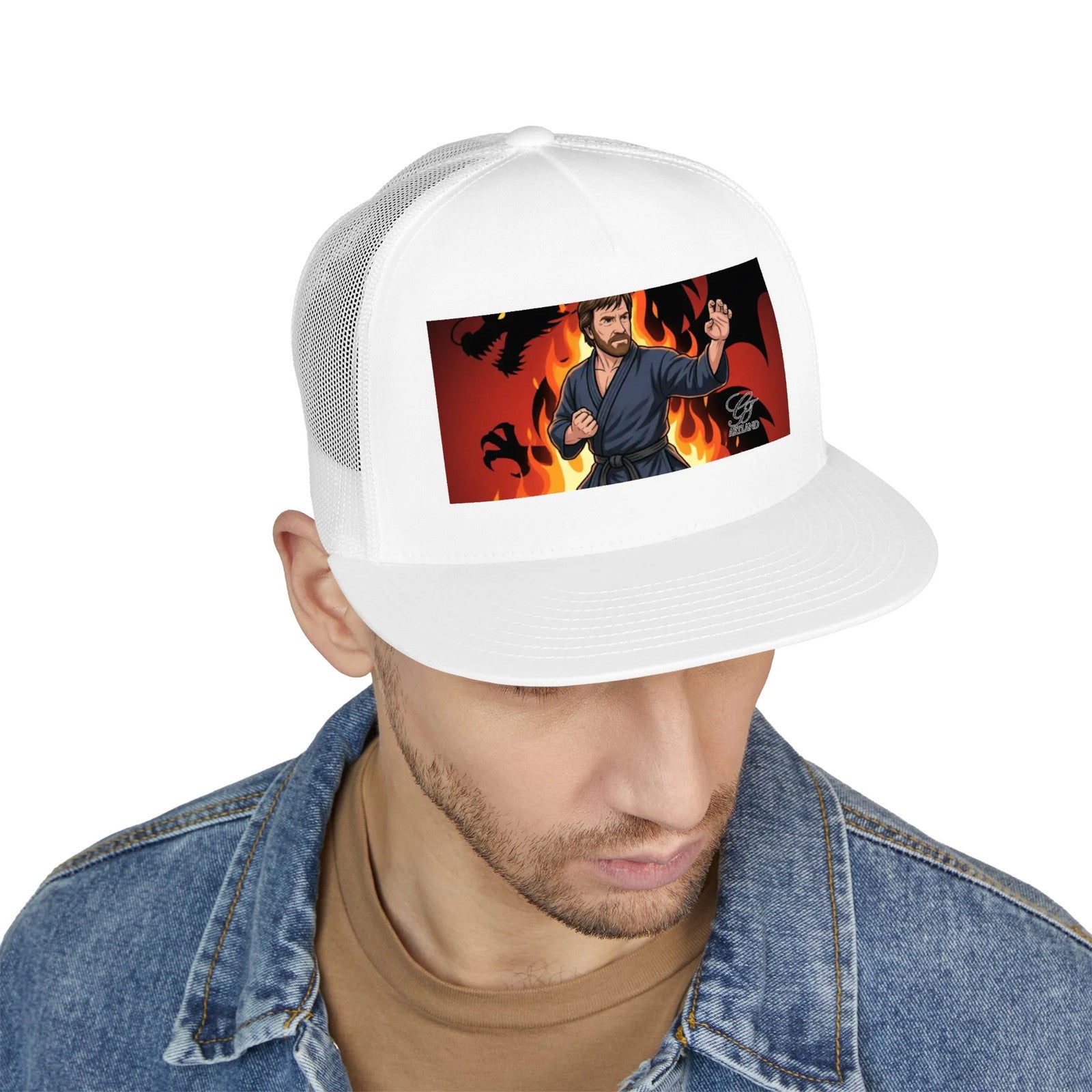 Martial Artist Chuck Norris Flames Trucker Cap | Karate Fighter Illustration,