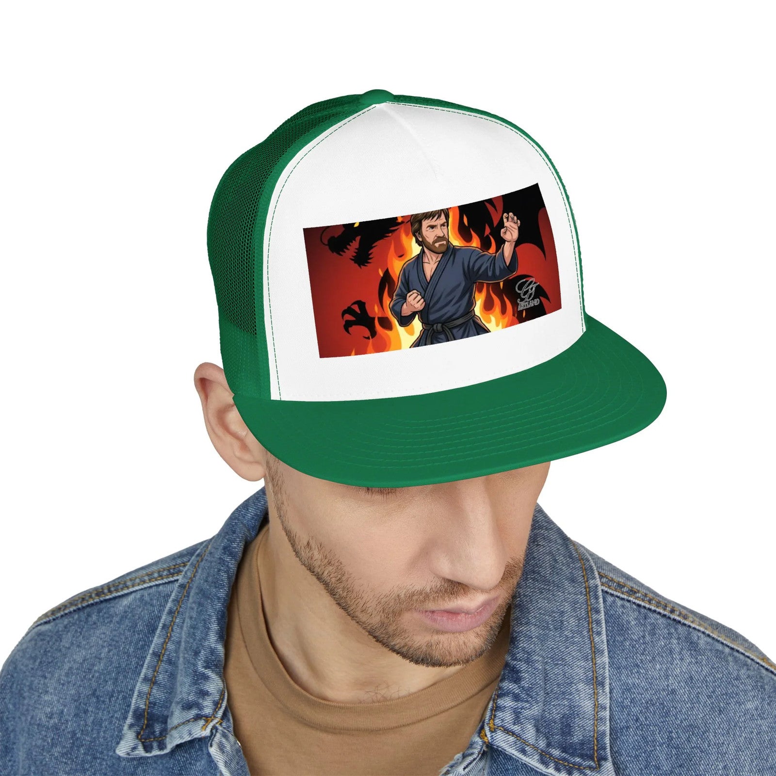 Martial Artist Chuck Norris Flames Trucker Cap | Karate Fighter Illustration,