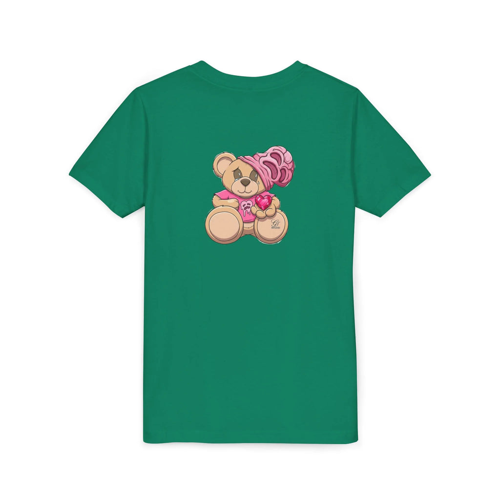 Pink Teddy Bear Holding Heart Youth Tee | Cute Bear Graphic by GT Artland