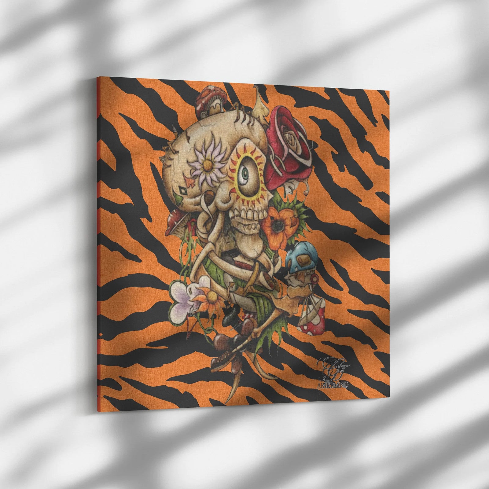 Candy Skull Tiger Crush Square with Rose Canvas Wrap by GT Artland