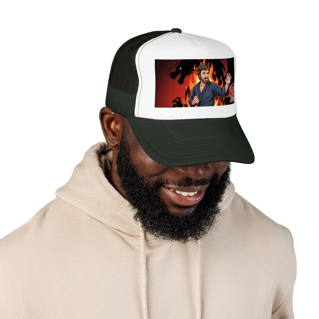 Martial Artist Chuck Norris Flames Foam Trucker Hat | Dragon Silhouette Panel