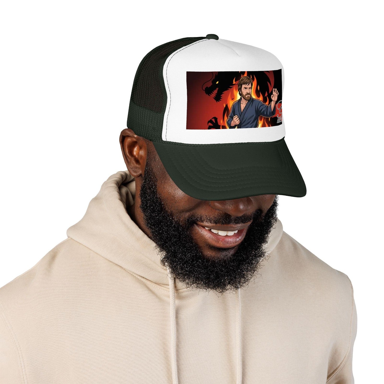 Martial Artist Chuck Norris Flames Foam Trucker Hat | Dragon Silhouette Panel