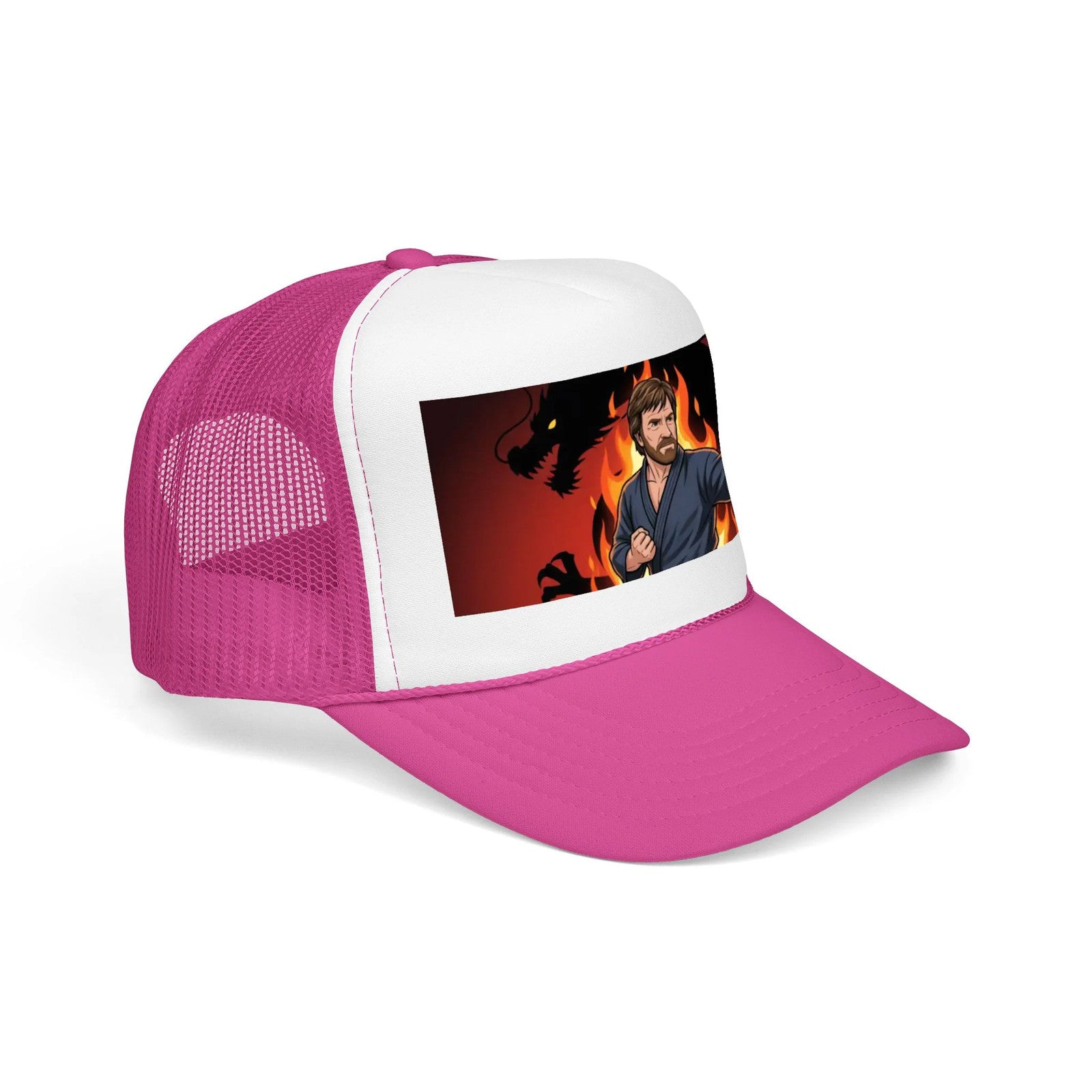Martial Artist Chuck Norris Flames Foam Trucker Hat | Dragon Silhouette Panel