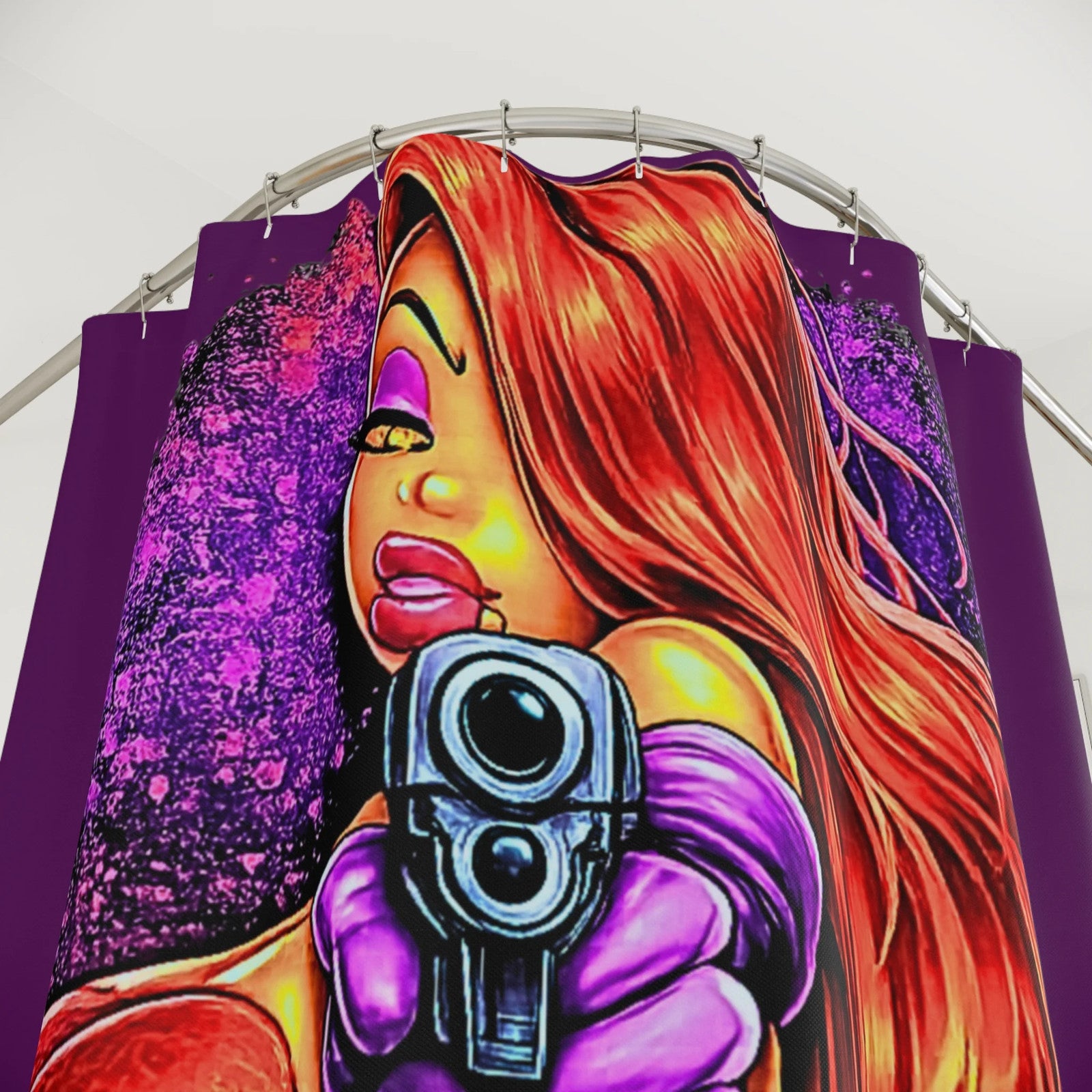 Red-Haired Rabbit Femme Vixen Fatale with Gun Shower Curtain | Bold Pinup Art