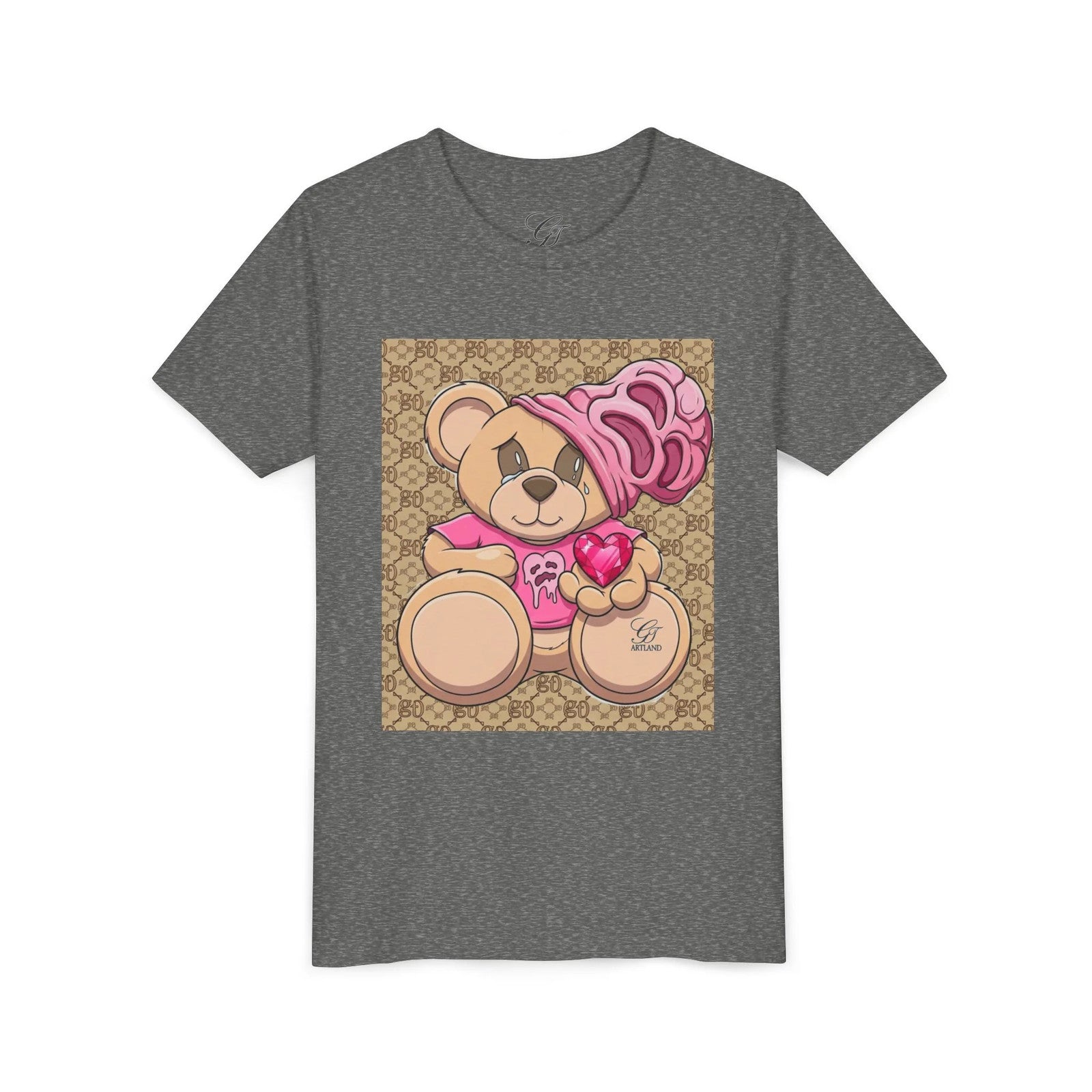 Pink Teddy Bear Holding Heart Youth Tee | Cute Bear Graphic by GT Artland