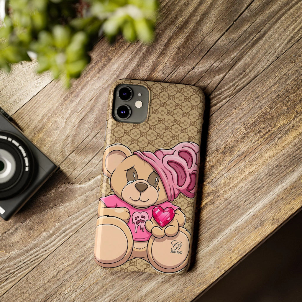 Pink Heart Teddy Bear Slim Phone Case | Designer Monogram Background by GT
