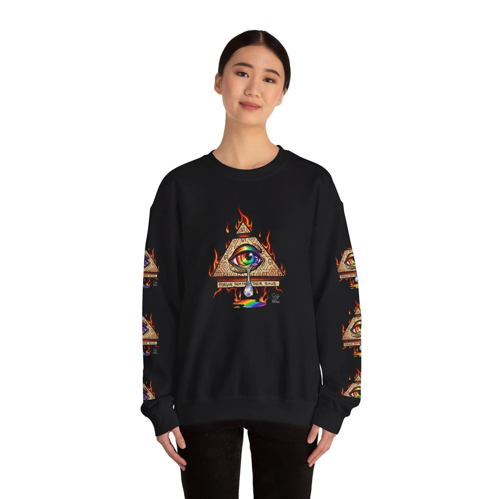 Psychedelic All-Seeing Eye Sweatshirt | Triangle Eye Flame Rainbow Drip by GT