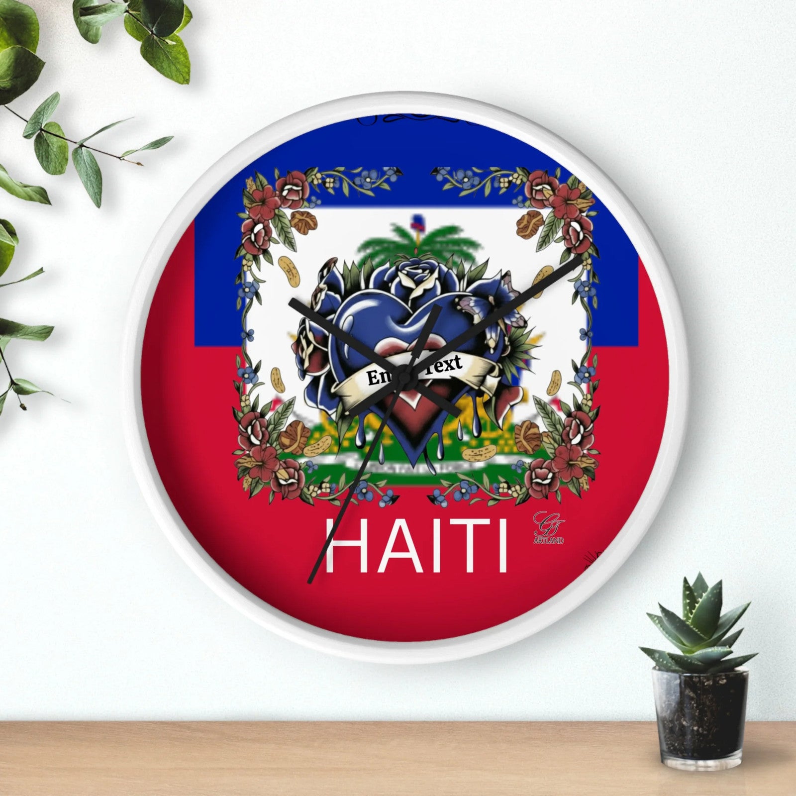 Haiti 🇭🇹 Flag Hearts and Roses customizable Wall Clock by GT Artland