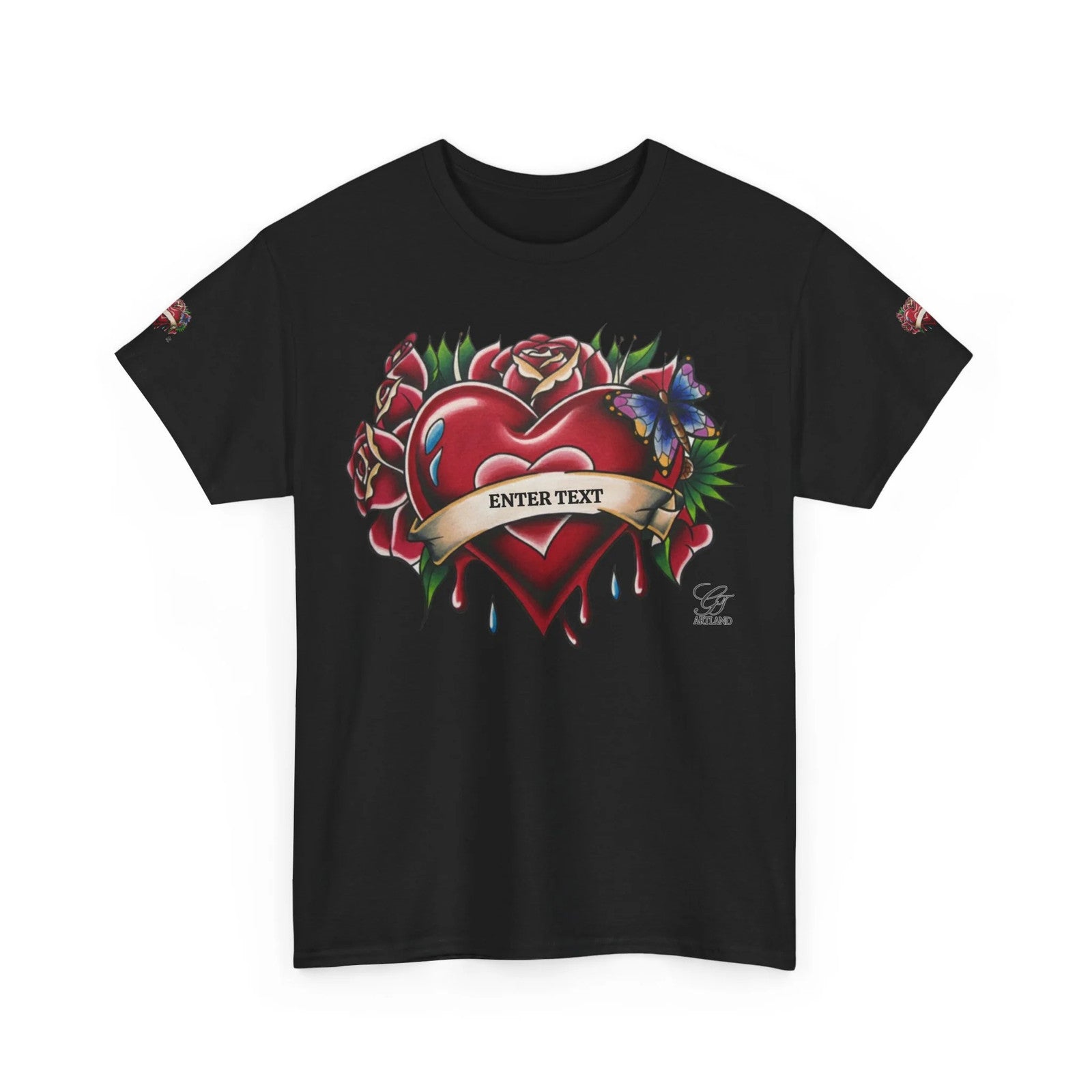 HEARTS AND ROSES Tattoo Styled Original T Shirt with Personalization by GT