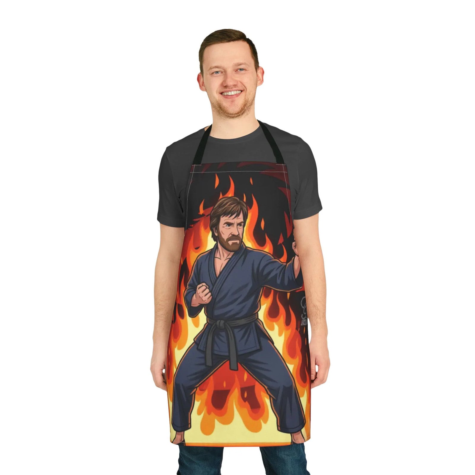 Martial Artist Chuck Norris in Flames Apron | Fire Karate Chef Apron by GT