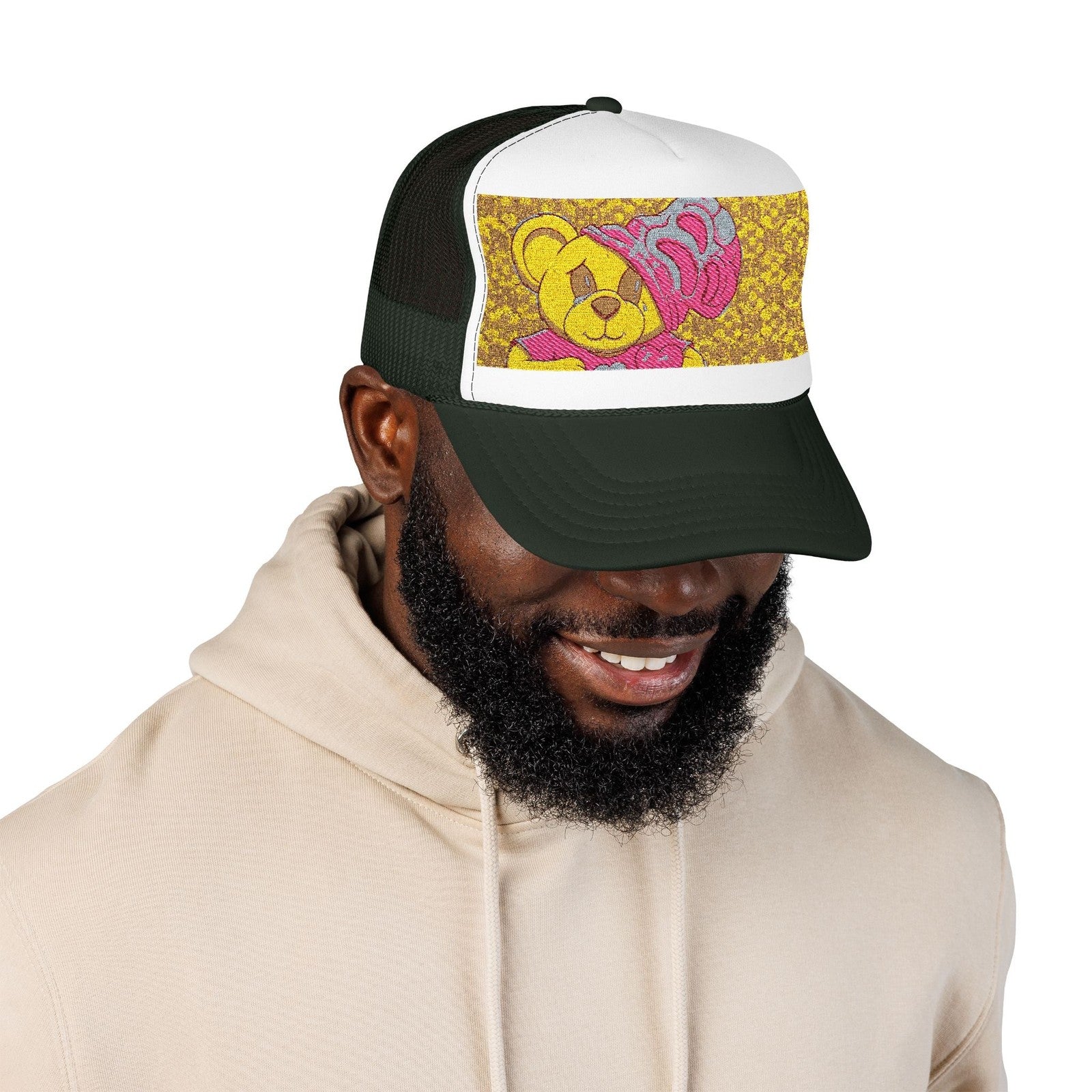 Yellow Teddy with Pink Beanie Trucker Hat | Sparkle Sequin Patch by GT Artland