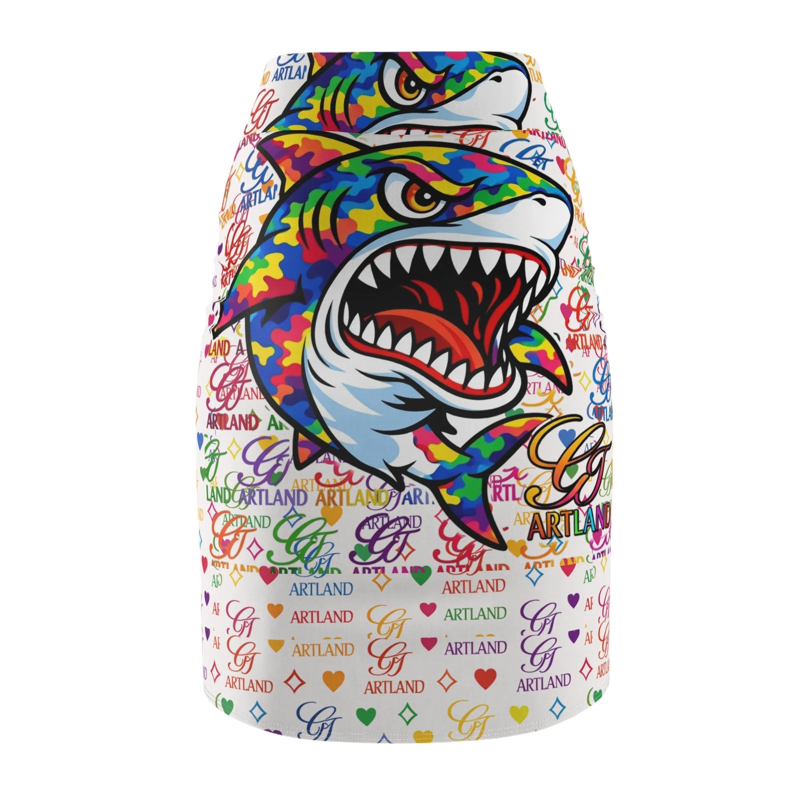 Colorful Designer Killa Shark Graphic Pencil Skirt | Rainbow Pop Art Pattern by