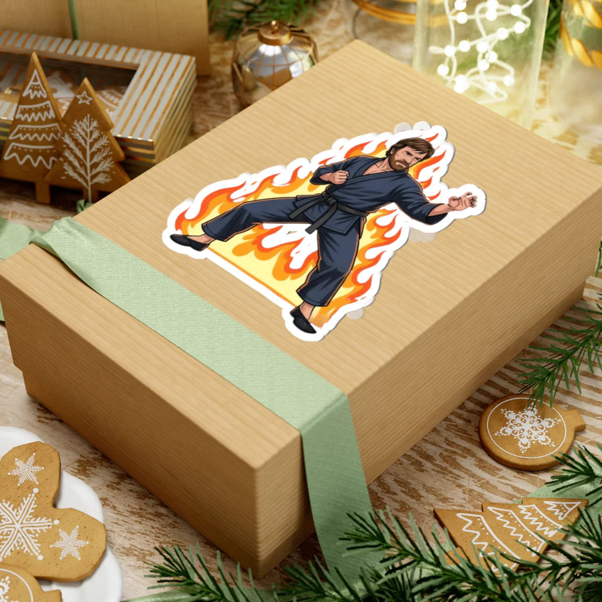 Martial Artist Chuck Norris with Flames sticker | Kiss-Cut Sticker by GT Artland