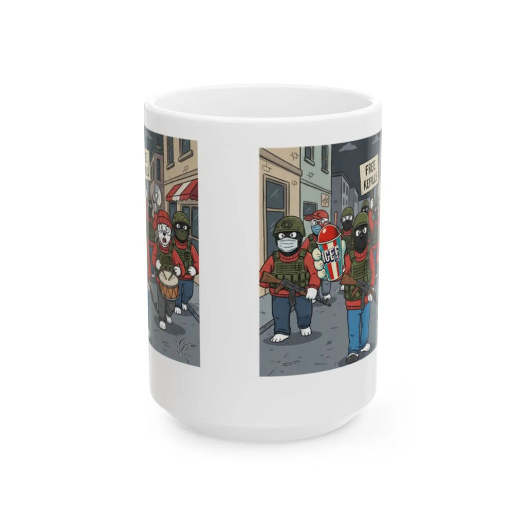 ICE Protest Free Refills Ceramic Mug, (11oz, 15oz) by GT Artland