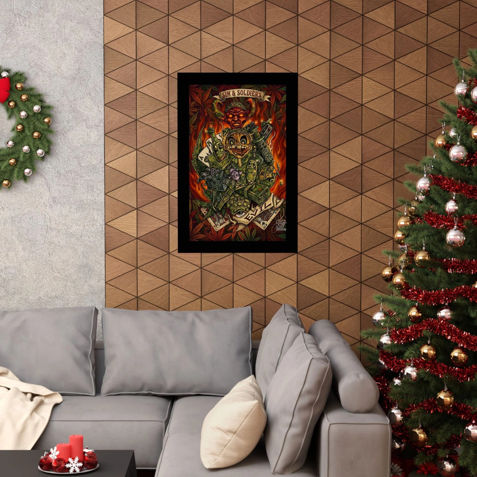 Sin & Soldiers poster | psychedelic horror artwork, flames & skulls vertical
