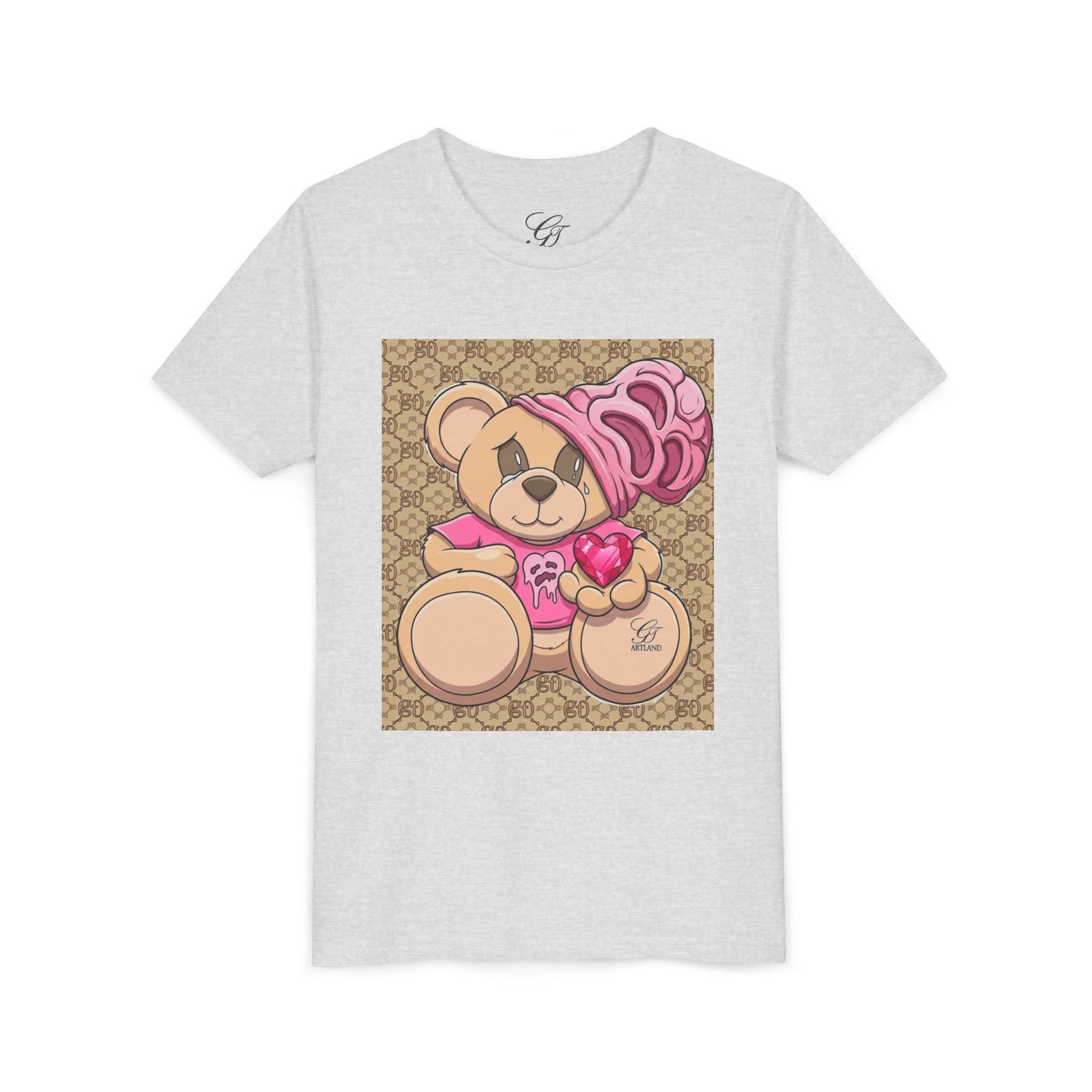 Pink Teddy Bear Holding Heart Youth Tee | Cute Bear Graphic by GT Artland