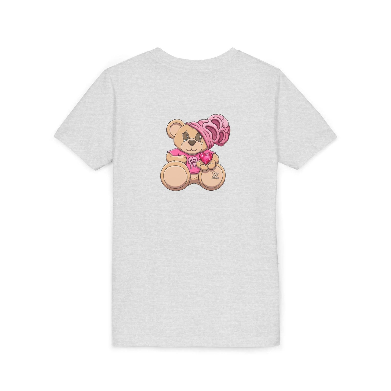 Pink Teddy Bear Holding Heart Youth Tee | Cute Bear Graphic by GT Artland